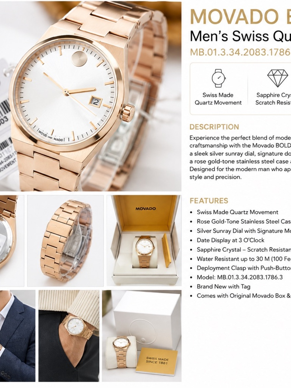 Movado Men's Rose Gold-Tone Stainless Steel Watch - Silver Sunray Dial